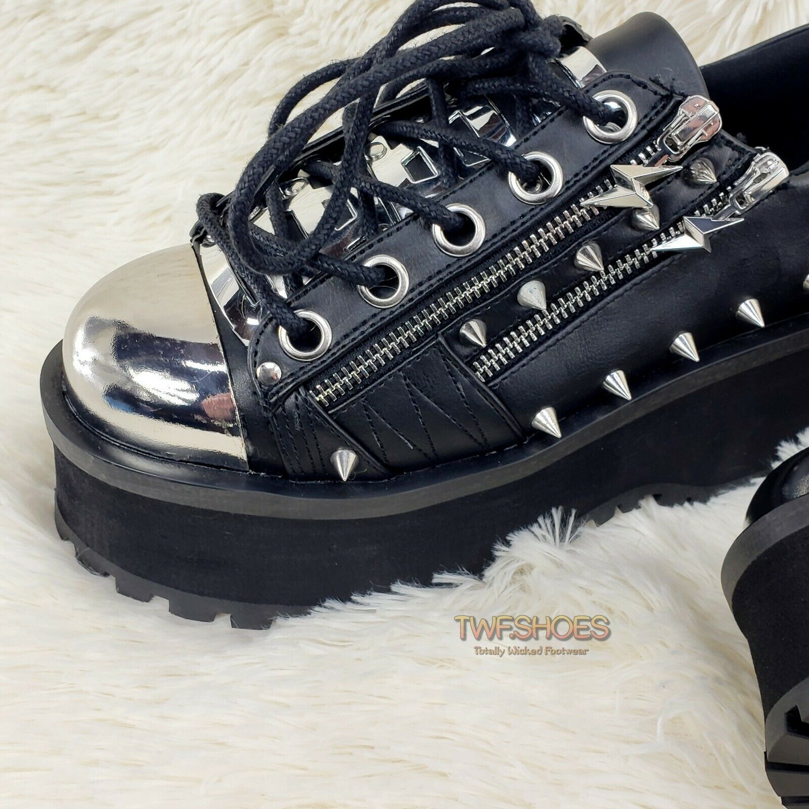Grave Digger 04 Black Chrome Toe Plate Spiked Shoe Men 4-13 Goth Punk NY - Totally Wicked Footwear