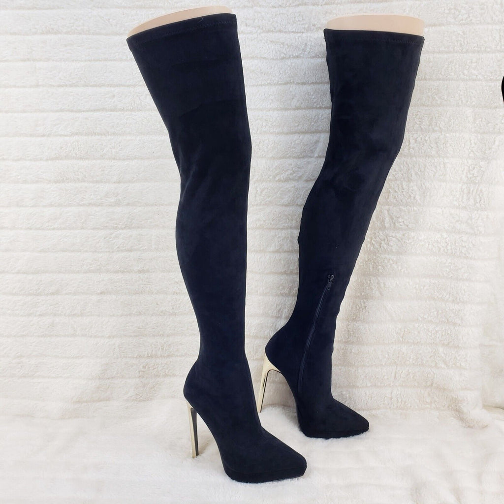 Sexy Girlz Faux Stretch Black Suede High Heel Pointy Toe Platform Thigh Boots - Totally Wicked Footwear