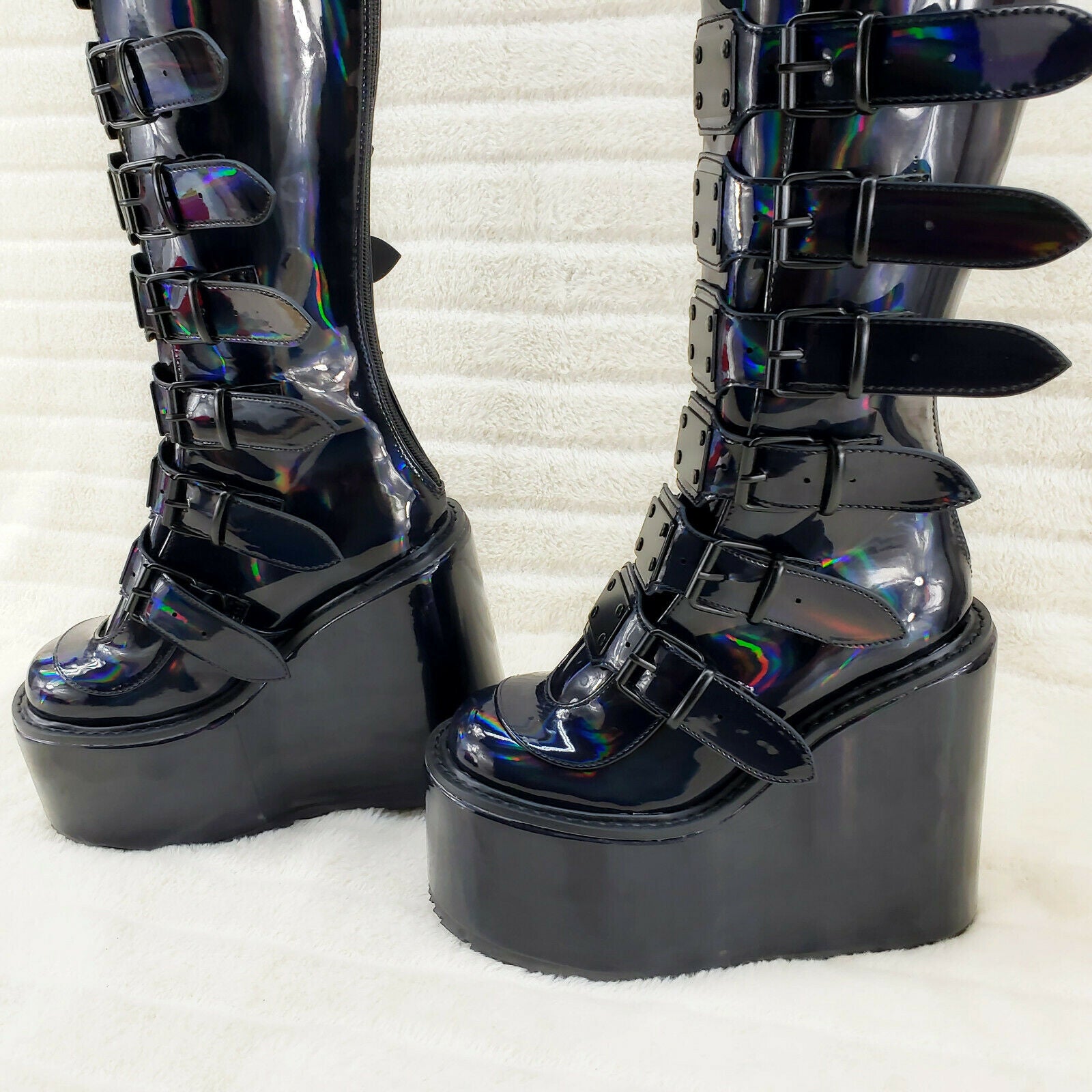 Swing 815 Black Oil Slick hologram Goth Punk Knee Boot 5.5" Platform In House - Totally Wicked Footwear