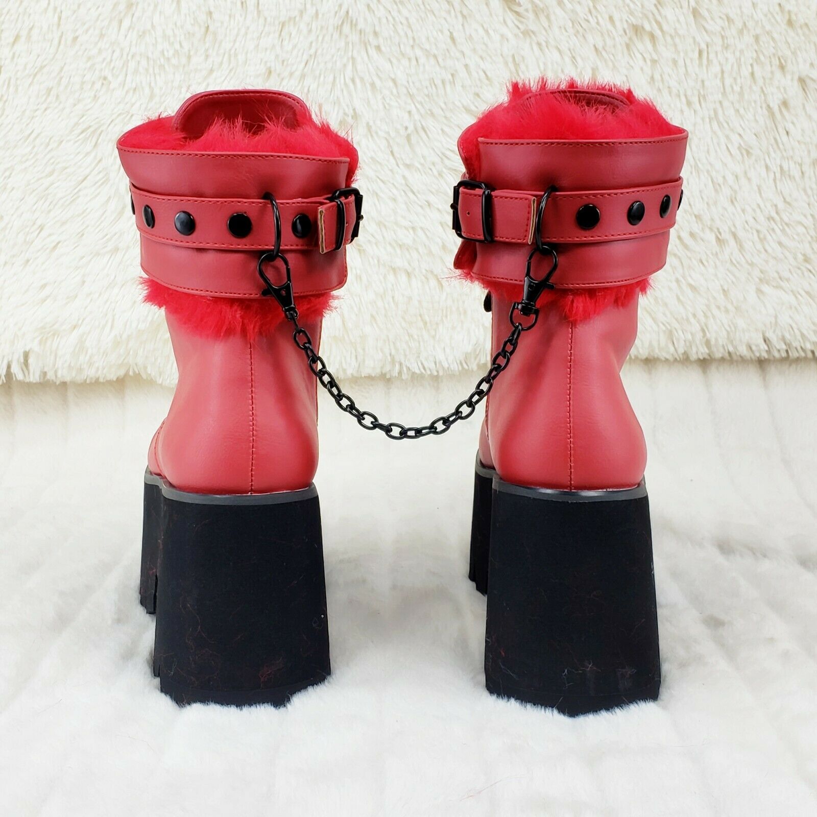 Ashes 57 RED Heart Studs 3.5" Platform Goth Boots Fur Lined Cuffs & Chain NY - Totally Wicked Footwear