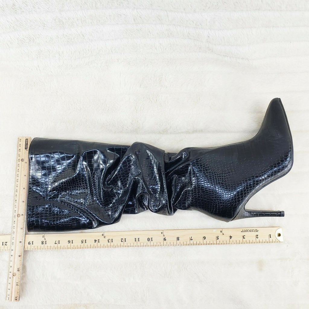 Always Trendy Black Croc Slouchy Scrunch High Heel Knee Boots - Totally Wicked Footwear