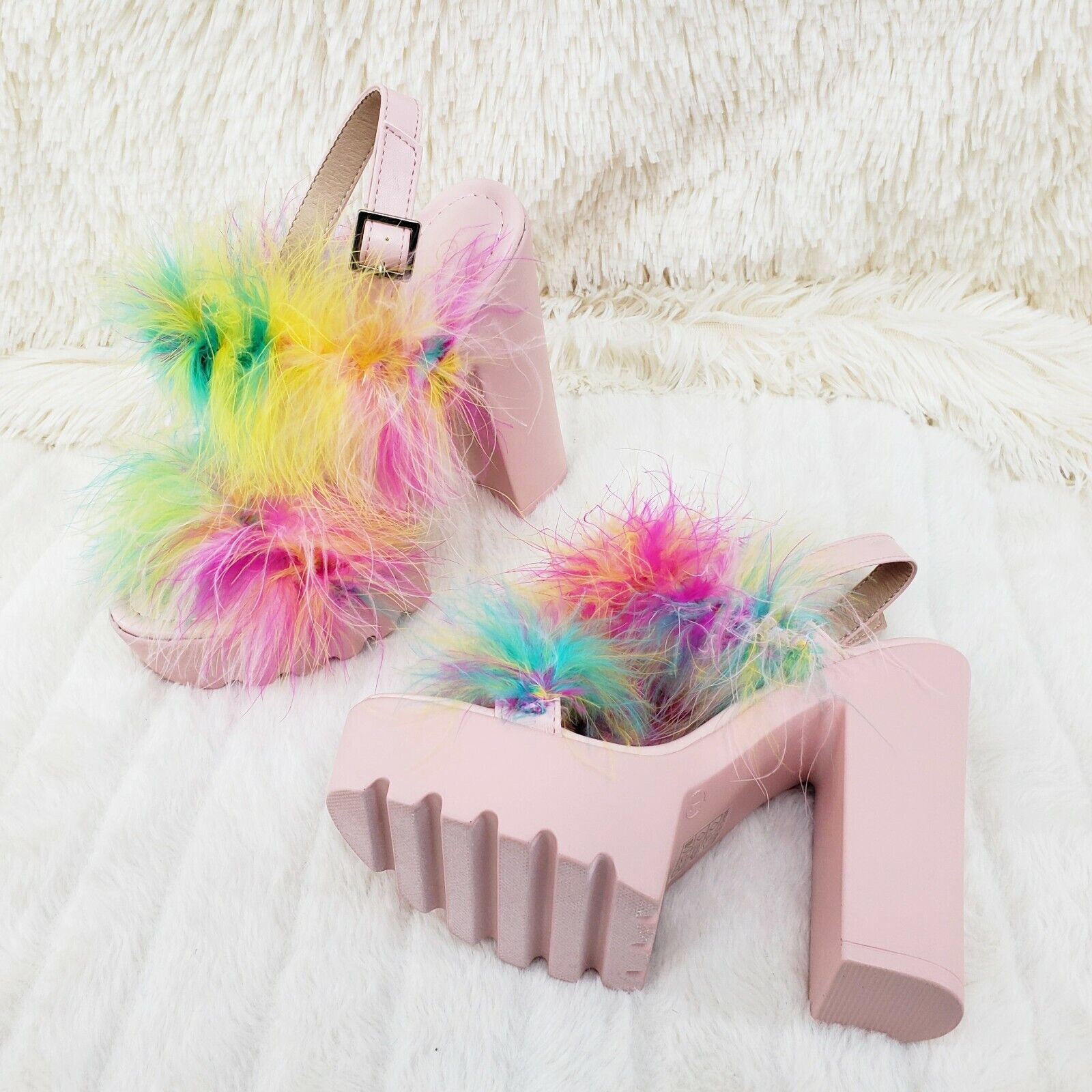 Top Rate Marabou Double Strap Chunky High Heels Platform Sandal Shoes Multicolor - Totally Wicked Footwear