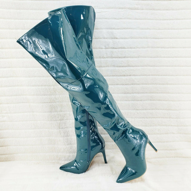 Bad Girlz Teal Green Patent Wide Top Thigh High Boots 4" Heels - Totally Wicked Footwear