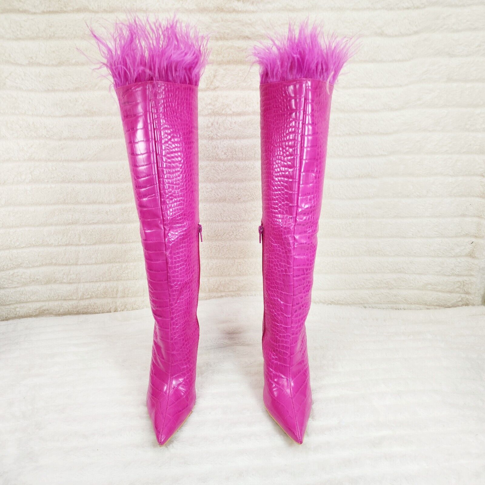Flirty Fuchsia Pink Snake Texture Knee High Heel Stiletto Boots Sexy Feather Top - Totally Wicked Footwear