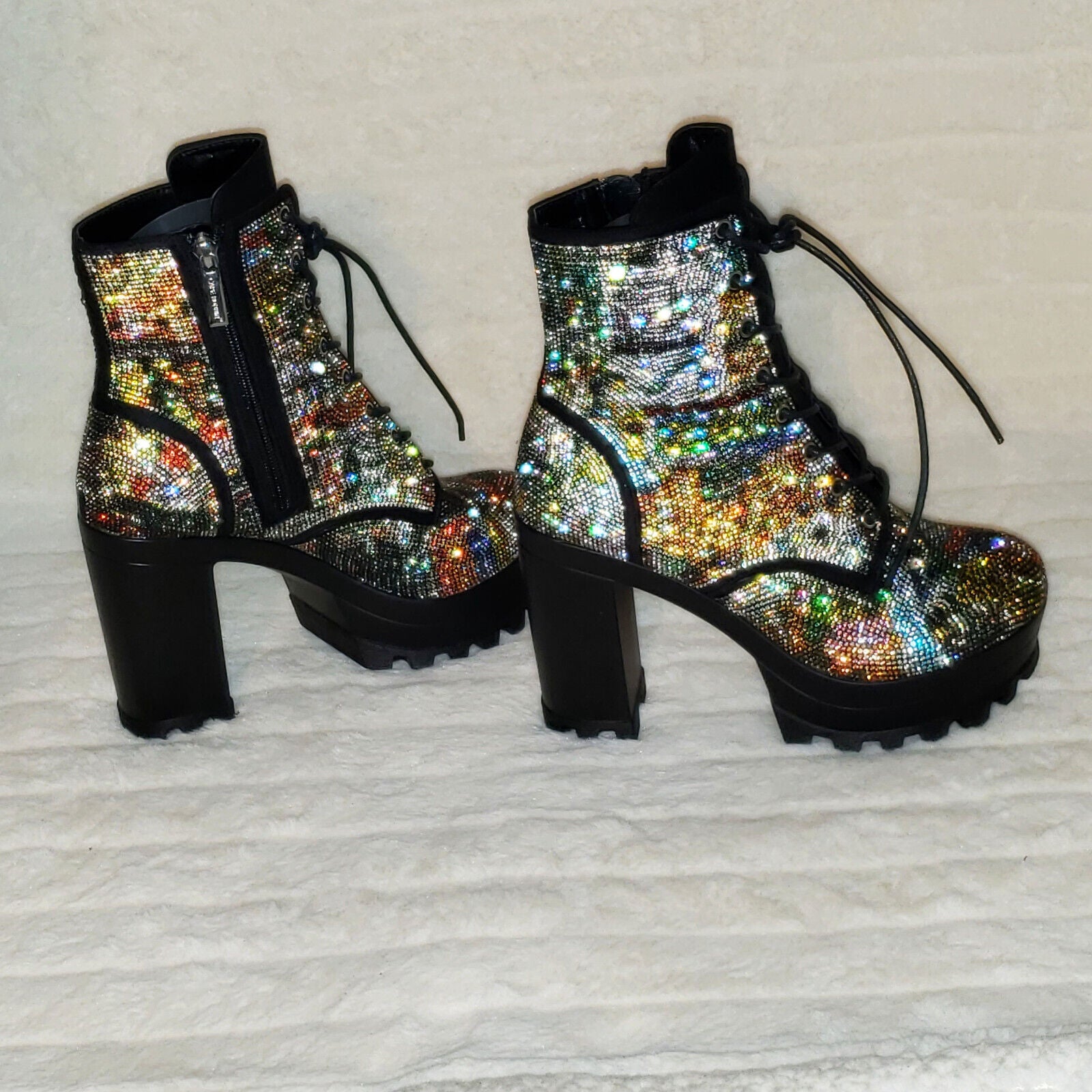 News Story Multi Sparkle Rhinestone Lug Sole Chunky High Heel Ankle Boots - Totally Wicked Footwear