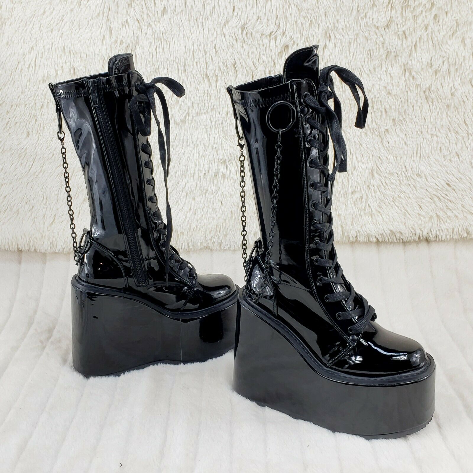 Swing 150 Black Stretch Goth Knee Boot 5.5" Platform With Chains In House NY - Totally Wicked Footwear