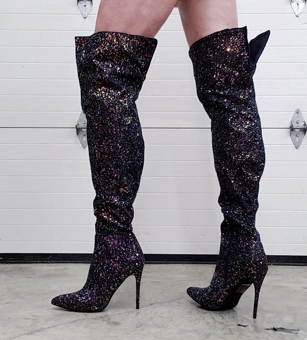 Amazon.com: Sparkly Thigh High Boots for Women Sexy Rhinestone Over The Knee  High Boots Party Prom Stiletto with 7cm High Heel Fashion Dress Boots Long  Stretch Pointed Toe Boots Nightclub Boots (Black,