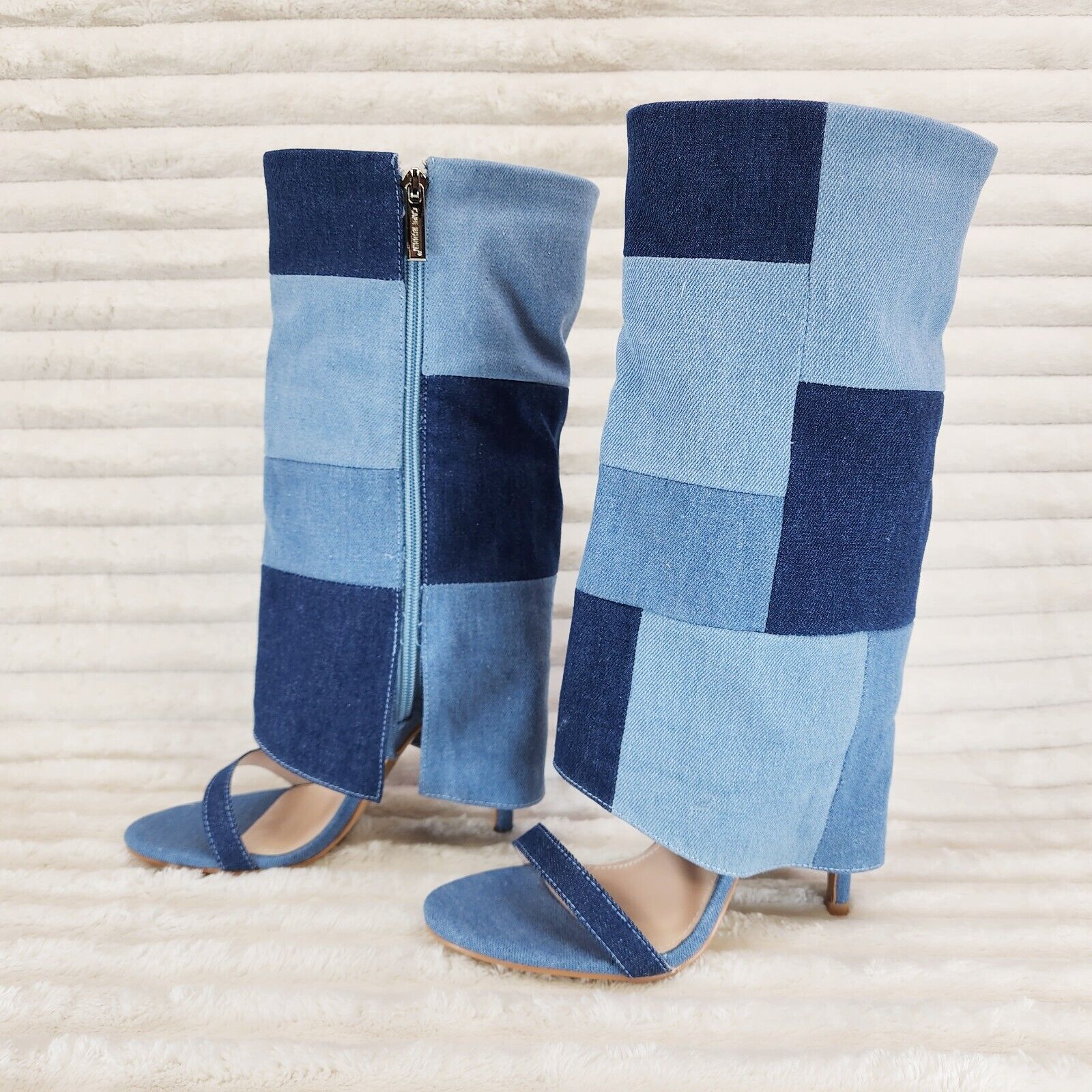 Paris Denim Patchwork Stiletto Fold Over Skirted Shootie Boot Sandals - Totally Wicked Footwear