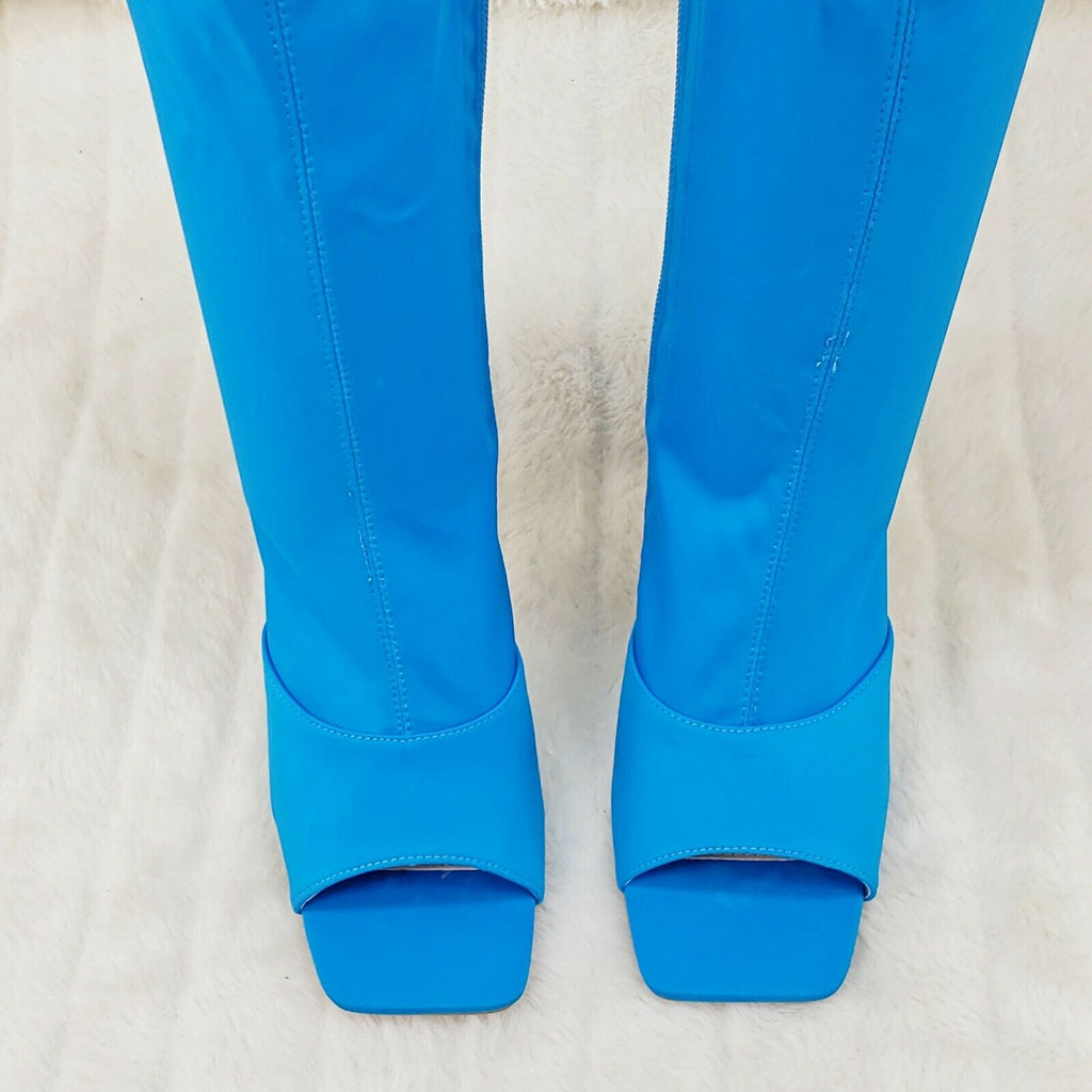 Victoria Turquoise Blue Stretch Square Open Toe High Heel Ankle Mid Calf Boots - Totally Wicked Footwear