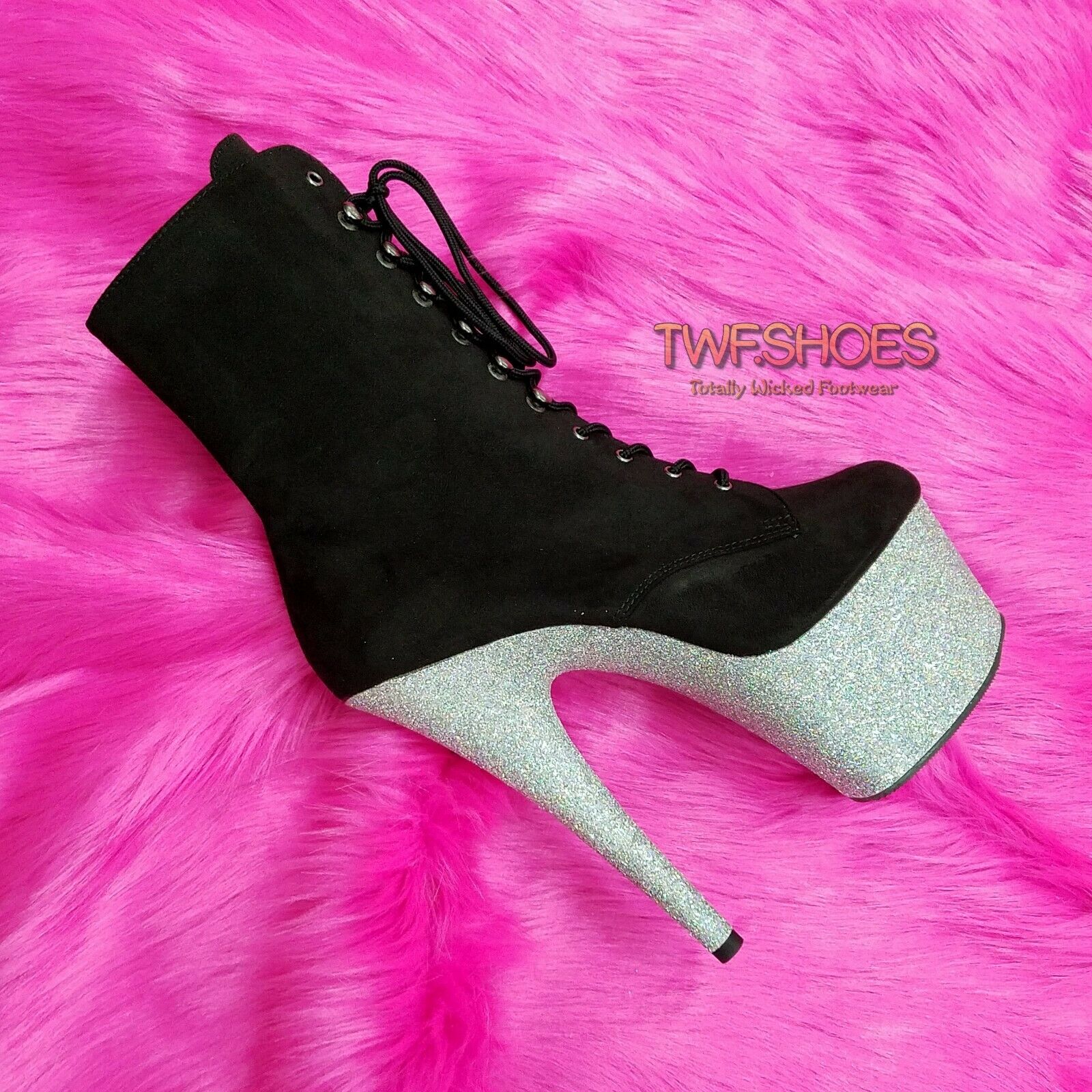 Adore 1020FSMG Black V Suede Silver Glitter 7" High Heel Platform Ankle Boot NY - Totally Wicked Footwear