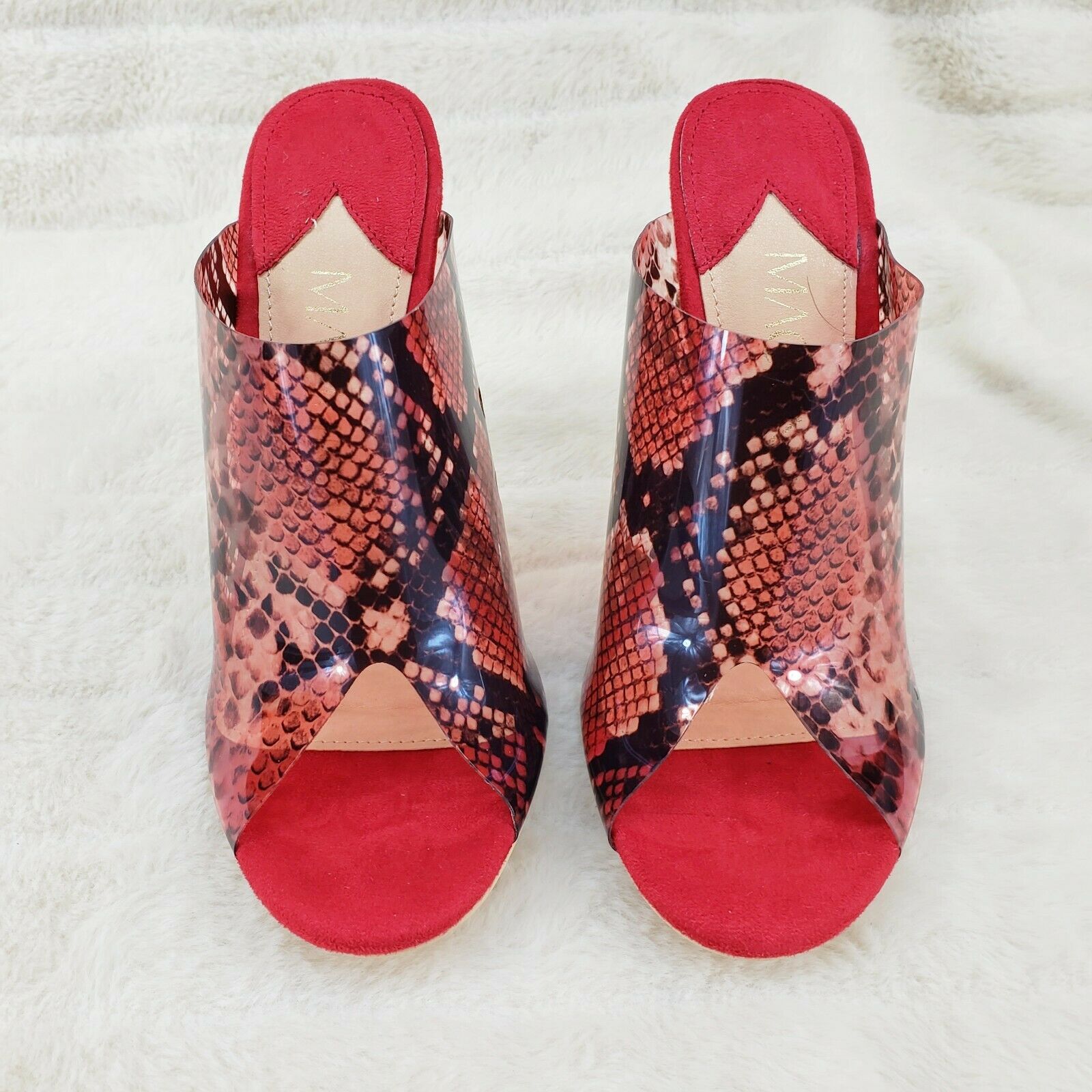 Mac J Red Transparent Snake Print Slip On Clog 5" Clear Acrylic Wedge Heels - Totally Wicked Footwear
