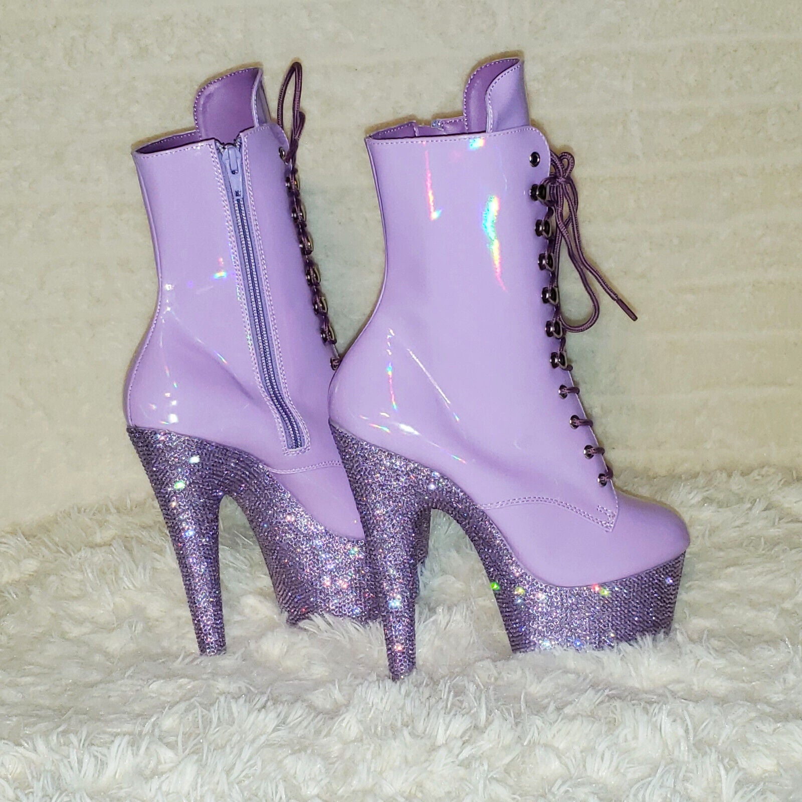 Bejeweled Lilac Rhinestone Platform Lace Up Ankle Boots 7" High Heels IN HOUSE - Totally Wicked Footwear