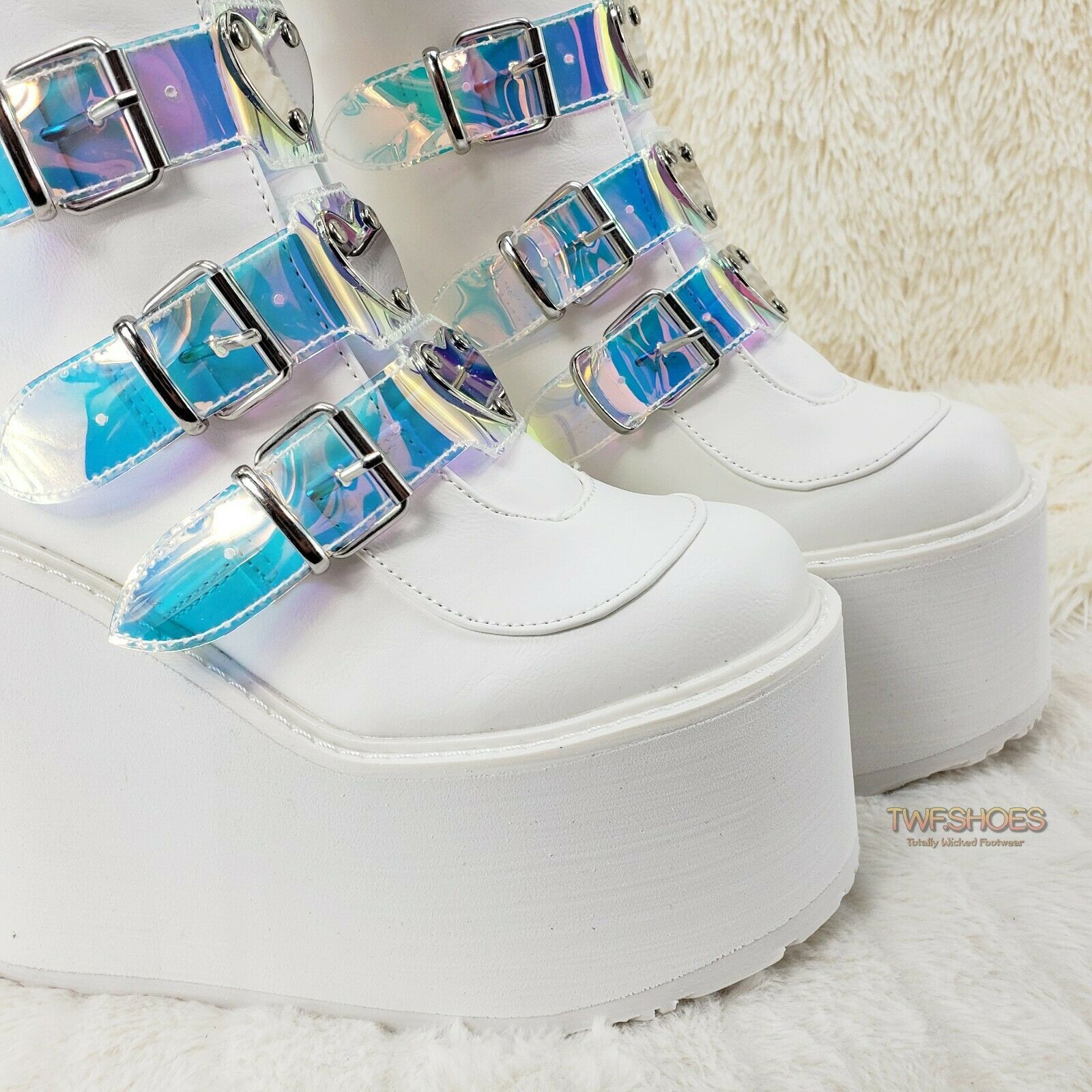 Cyber Swing 230 White Boot 5.5" Platform Heart Hologram Strap Design NY Restock - Totally Wicked Footwear