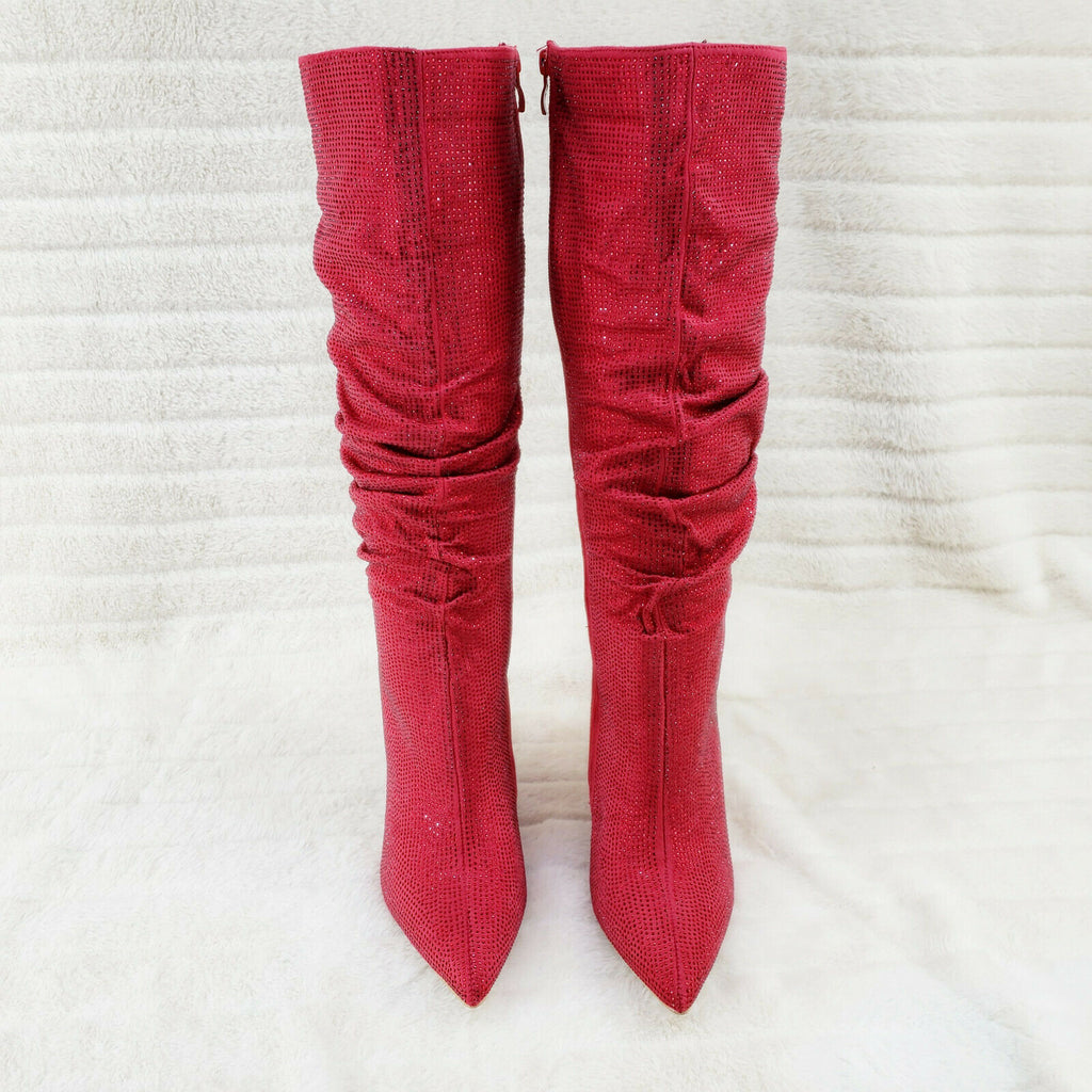 Sparkle Trend Red Rhinestone Slouchy Scrunch High Heel Knee Boots - Totally Wicked Footwear