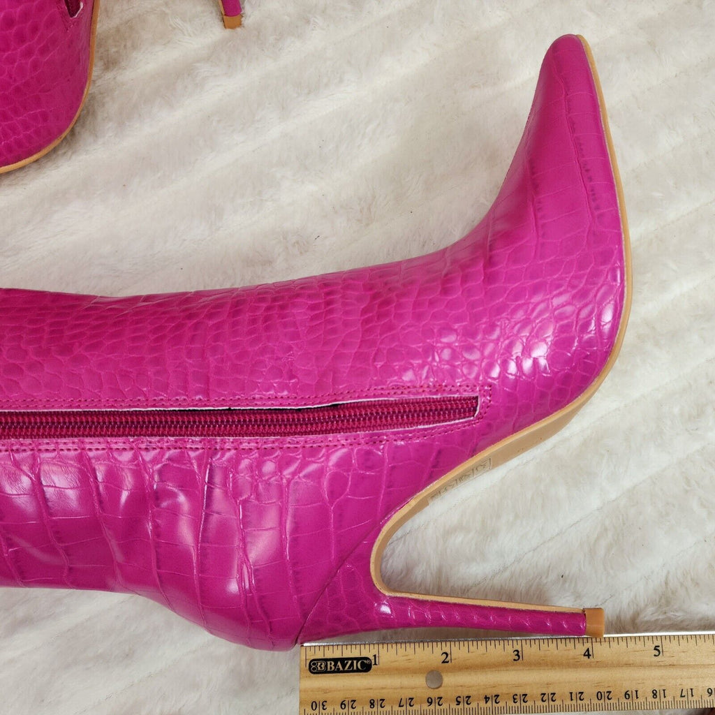 Flirty Fuchsia Pink Snake Texture Knee High Heel Stiletto Boots Sexy Feather Top - Totally Wicked Footwear