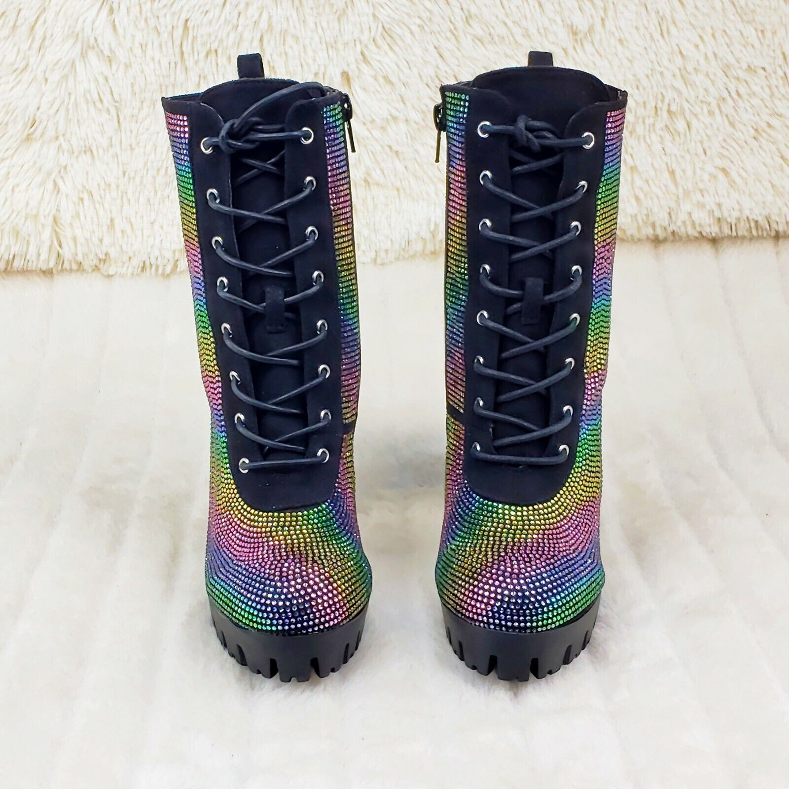 Wild Diva Veronica Rainbow Rhinestone Chunky Heel Ankle Boots Black - Totally Wicked Footwear