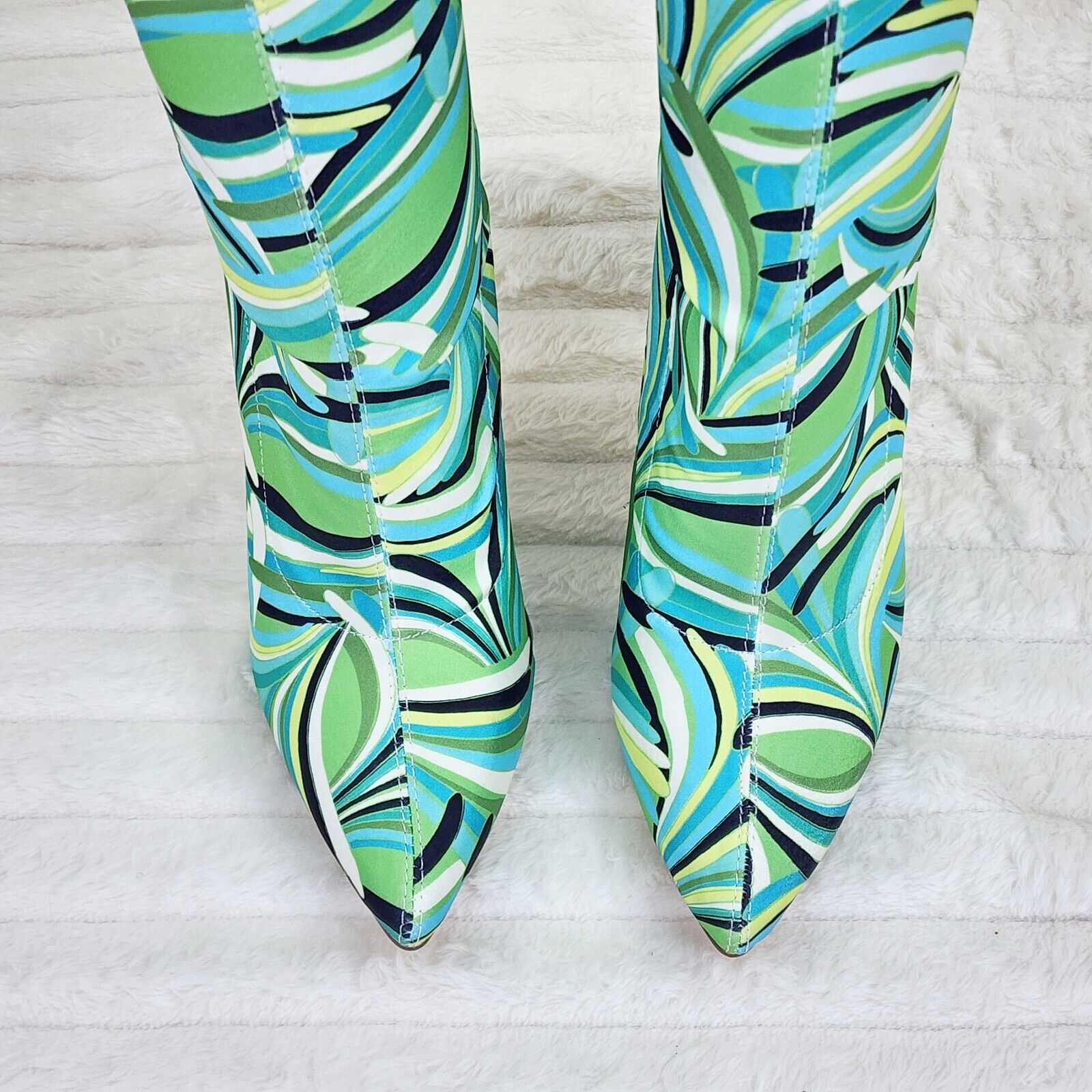 Odin Crazy Wild Color Pattern High Heel Stretch Fabric Ankle Boots - Green Blue - Totally Wicked Footwear