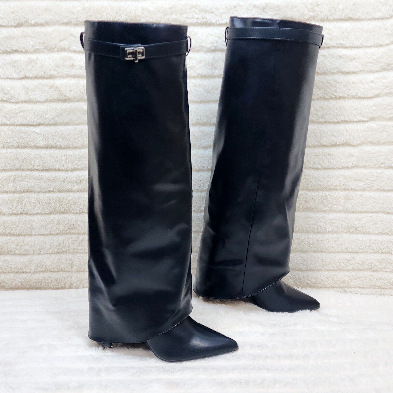 Paris Black Skirted Fold Over 3.5" Block Heel Knee High Boots - Totally Wicked Footwear