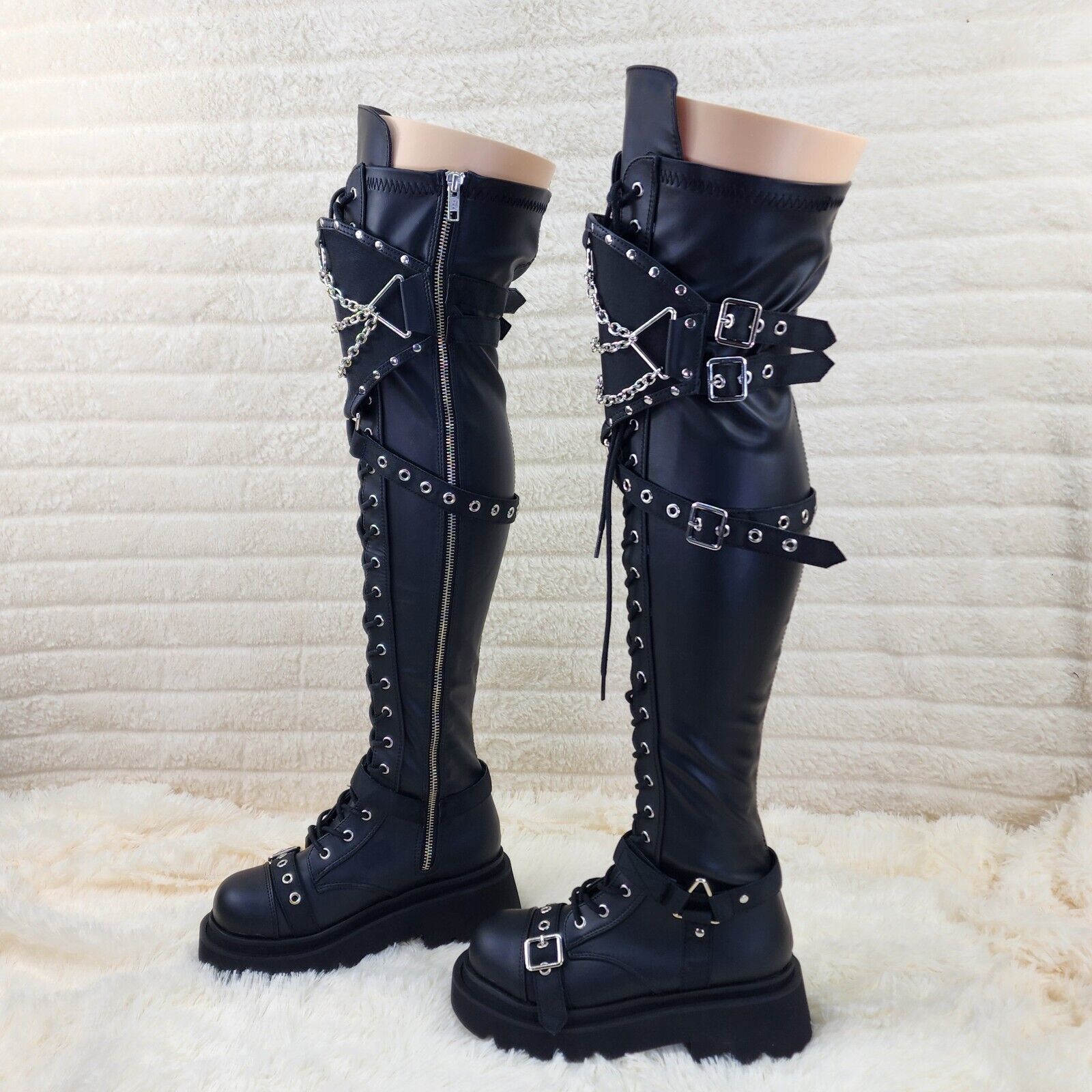 Renegade Goth Punk Rocker Over The Knee Boots With Knee Shield & Chains NY - Totally Wicked Footwear