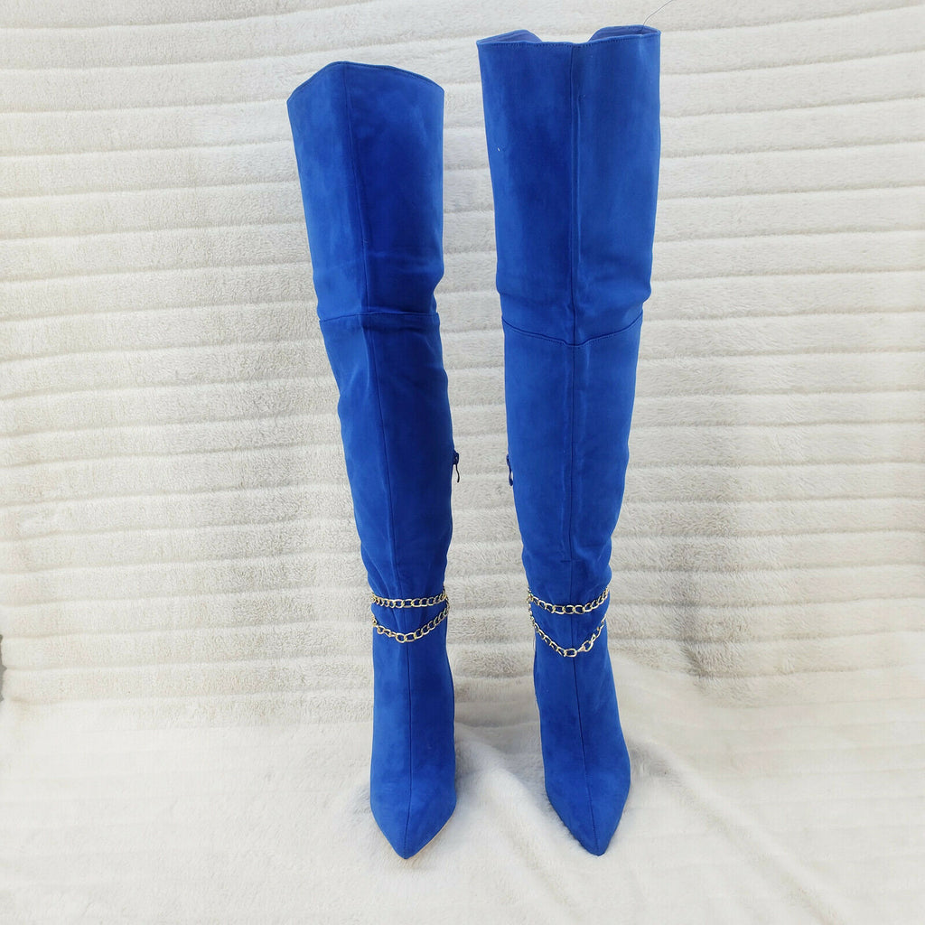 Bad Girlz Bright Blue Faux Suede Wide Top Thigh High Boots Chain Detail 4" Heels - Totally Wicked Footwear