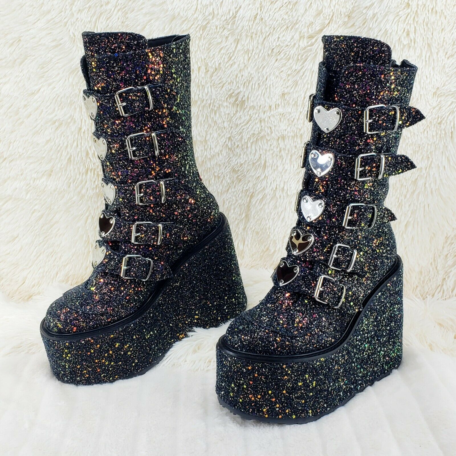Swing 230G Black Glitter Platform Boots Heart Strap Goth Punk 6-12 Restocked NY - Totally Wicked Footwear