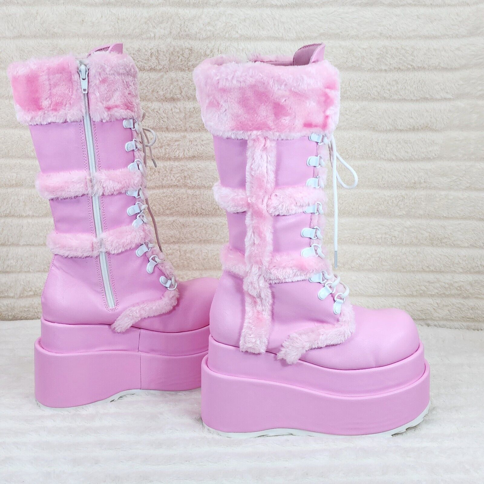 Bear 202 Pink Faux Fur / V Leather Platform Goth Punk Calf Boots NY Stomper - Totally Wicked Footwear