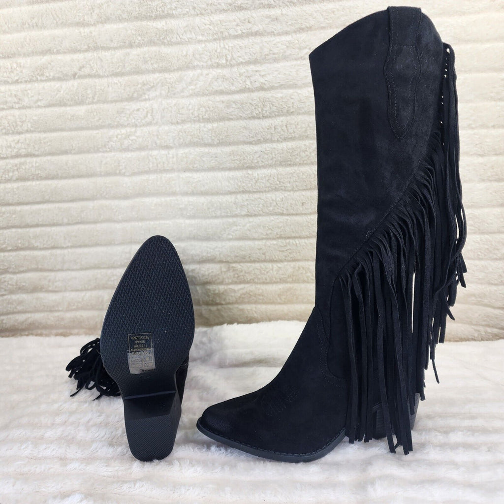 Wild One Black Vegan Suede Asymmetrical Side Fringe Western Cowgirl Knee Boots - Totally Wicked Footwear