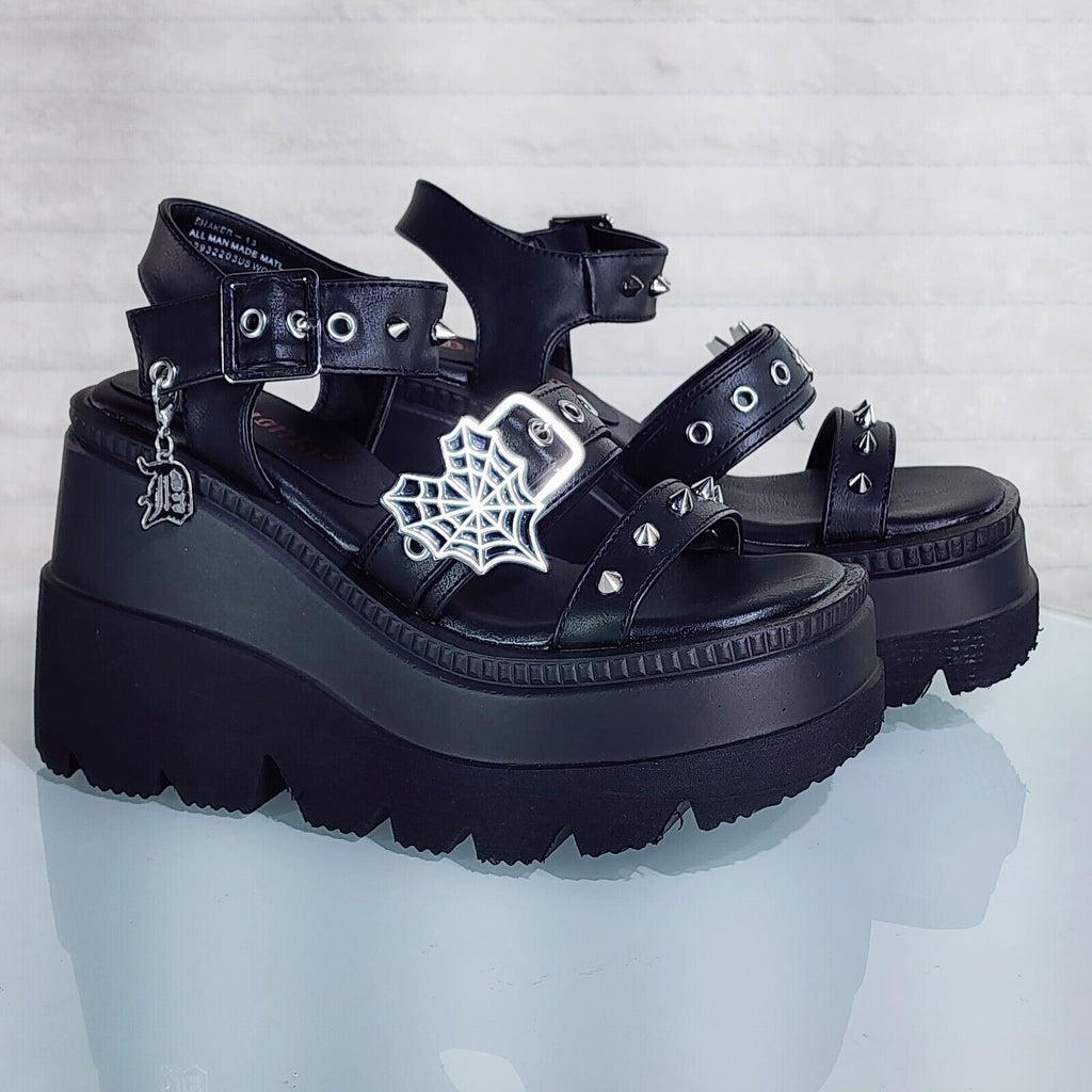 Shaker 13 Black Out Patent 4.5" Wedge Heel Gothic Sandals Studs And Charms NY - Totally Wicked Footwear