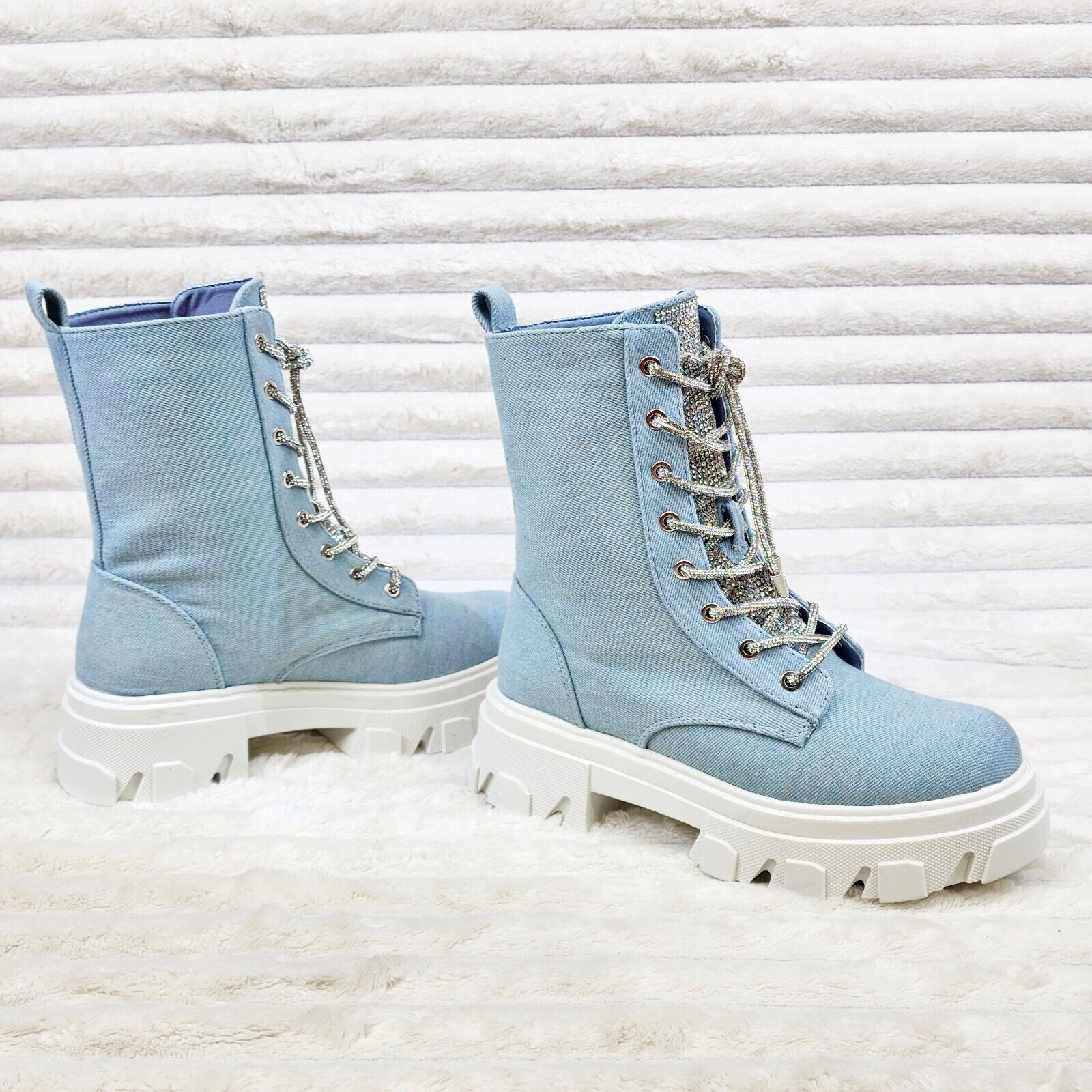 Rowan Denim Combat Ankle Boots Iridescent Rhinestone Tongue and Rope Laces - Totally Wicked Footwear