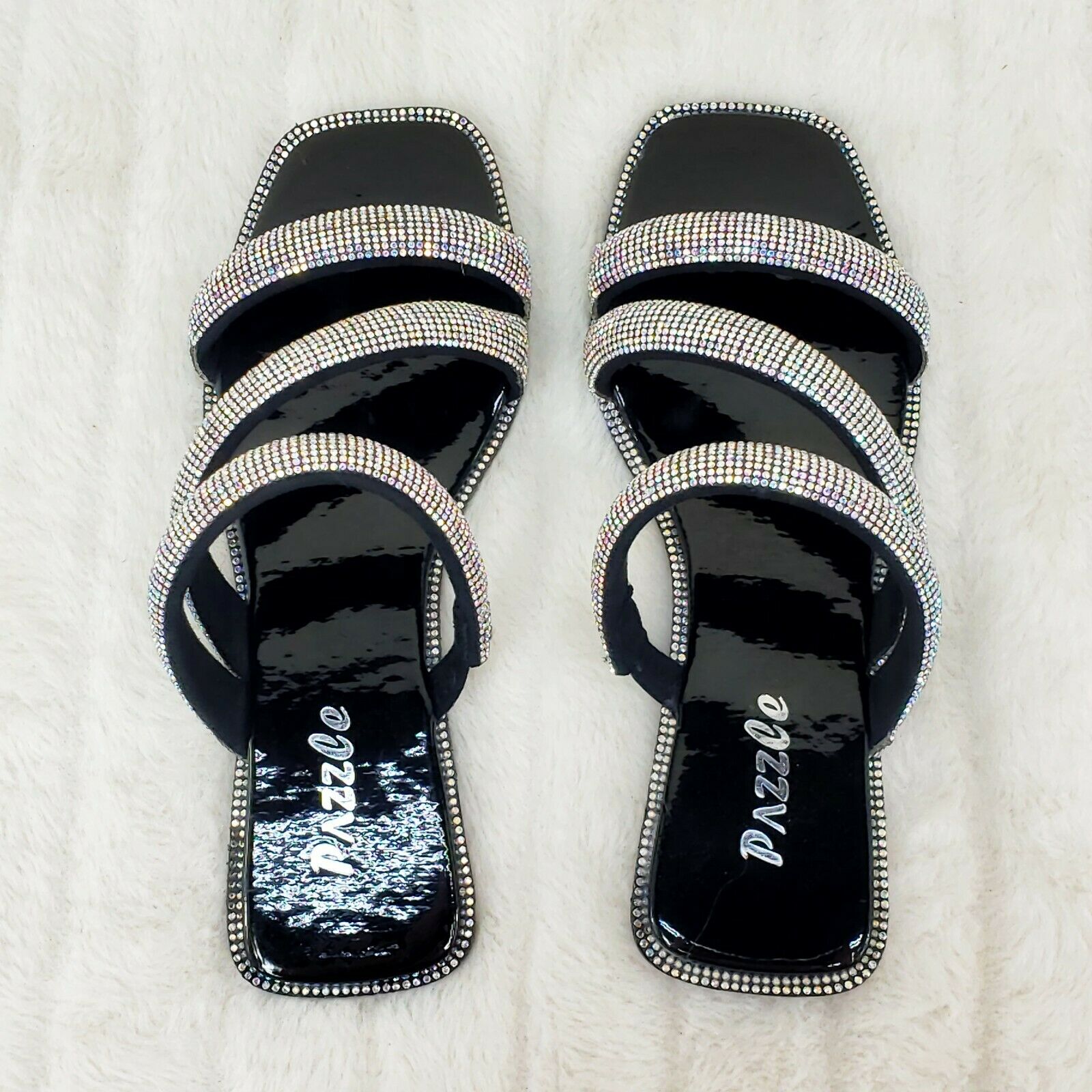 Sparkle Triple Padded Strap Slip On Iridescent Rhinestone Sandals Black - Totally Wicked Footwear