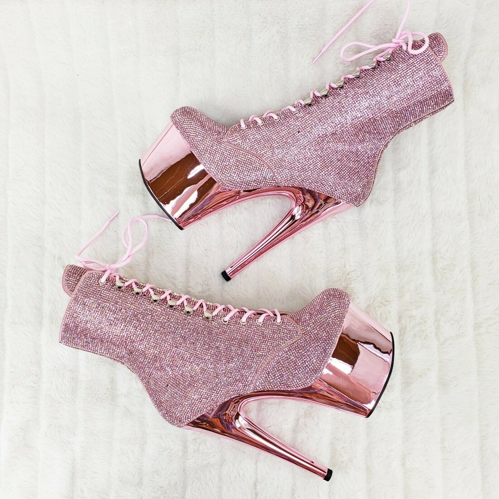 Adore 1020CHRS Bejeweled Lace Up 7" High Heel Chrome Platform Ankle Boots NY - Totally Wicked Footwear