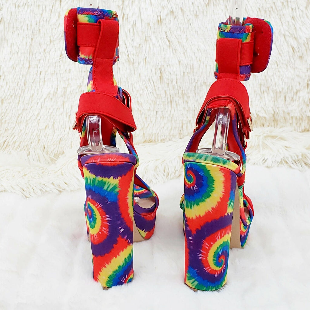 Red Tie Dye 5.5" Chunky High Heel Harness Strap Shoes - Totally Wicked Footwear