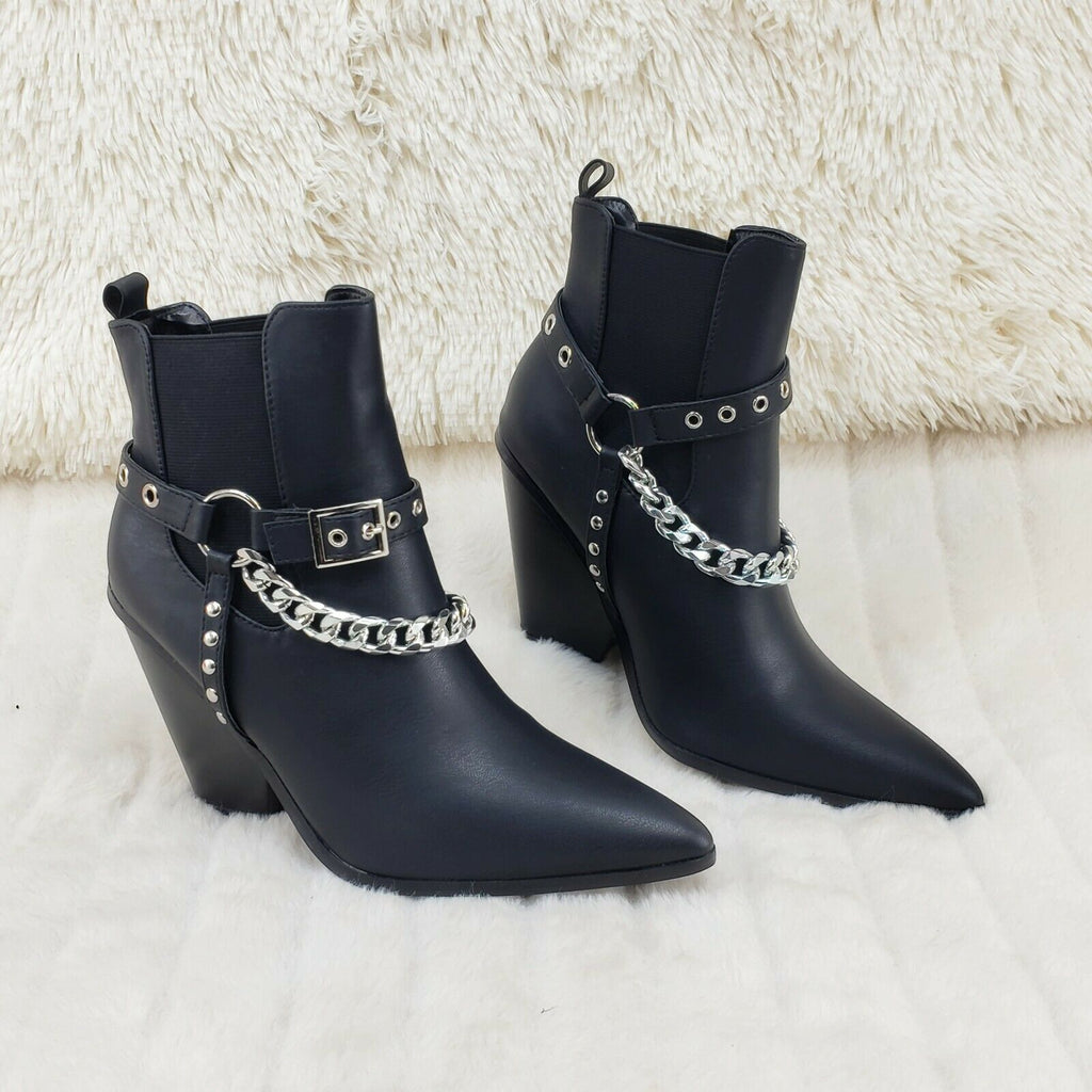Dimitri Western Chain Strap Cowboy / Cowgirl Pull Ankle Boots Black 6-11 - Totally Wicked Footwear
