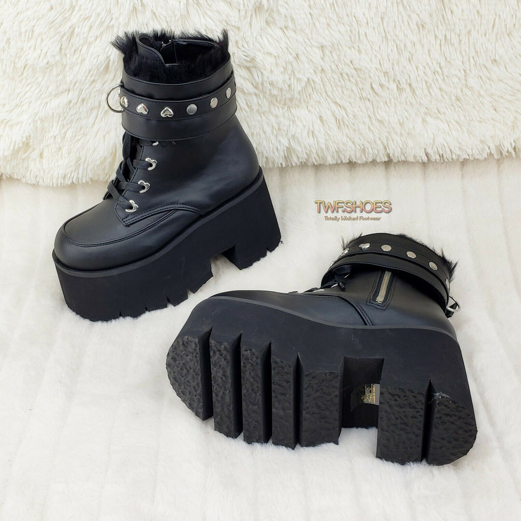 Ashes 57 Black Heart Studs 3.5" Platform Goth Boots Fur Lined Cuffs & Chain NY - Totally Wicked Footwear