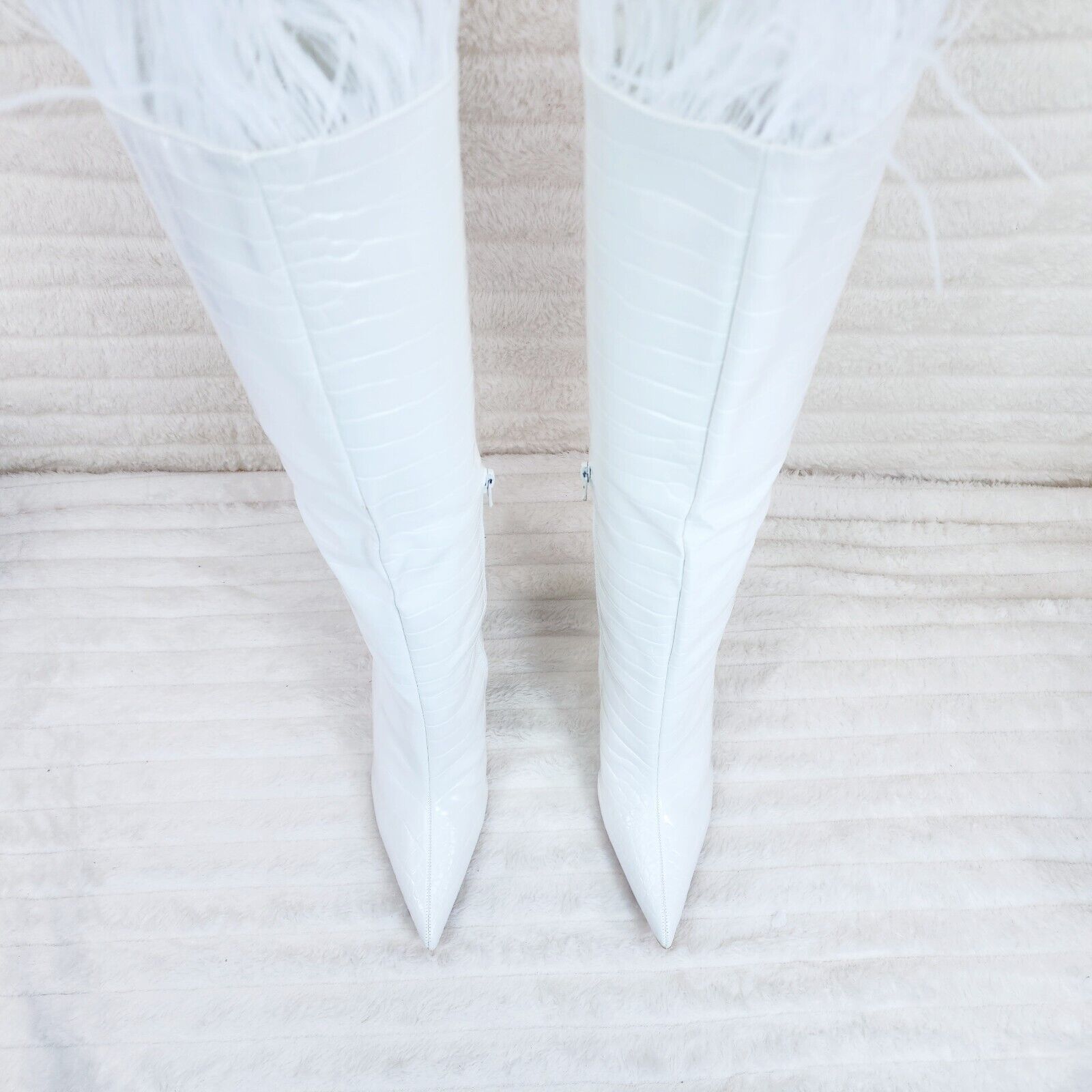 Flirty White Snake Texture Knee High Heel Stiletto Boots Sexy Feather Top - Totally Wicked Footwear