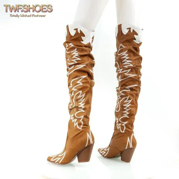 CR Kelsey 21 Rock Star Tan & White Western Slouch OTK Thigh High Cowboy Boot - Totally Wicked Footwear