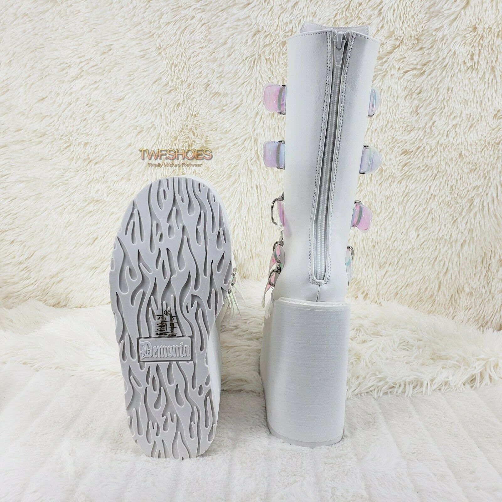 Cyber Swing 230 White Boot 5.5" Platform Heart Hologram Strap Design NY Restock - Totally Wicked Footwear