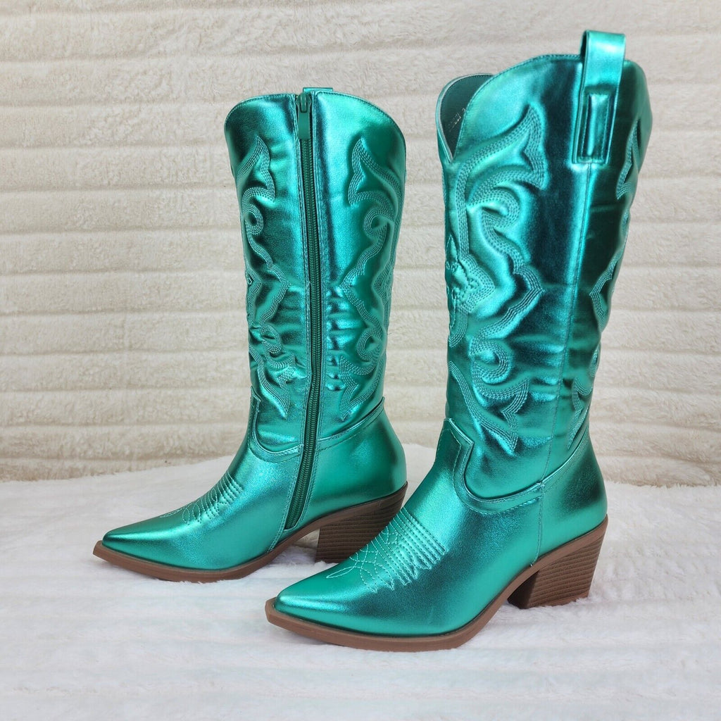 Disco Cowgirl Metallic Green Cowboy Knee Boots Western Block Heels US Sizes - Totally Wicked Footwear