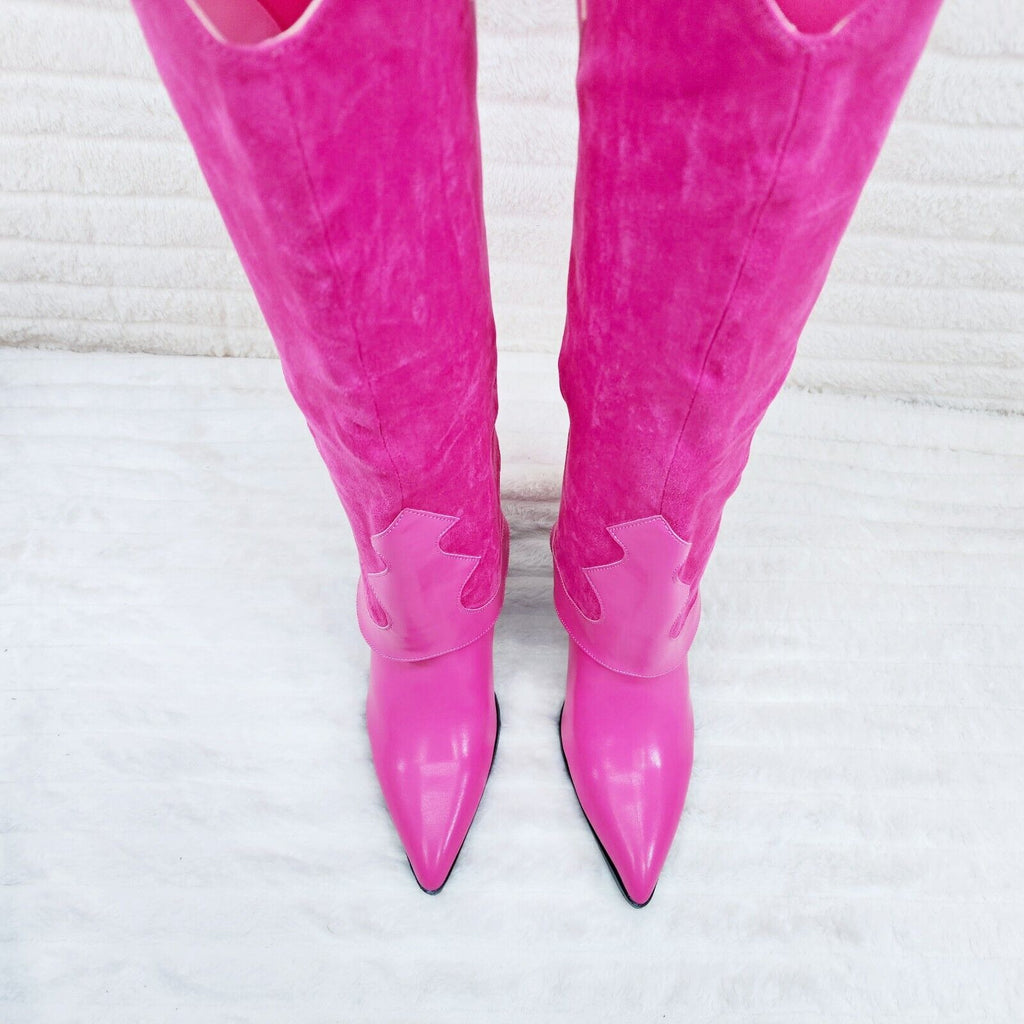 Branded Fuchsia Pink Skirted Fold Over Western Knee High Cowgirl Boots - Totally Wicked Footwear