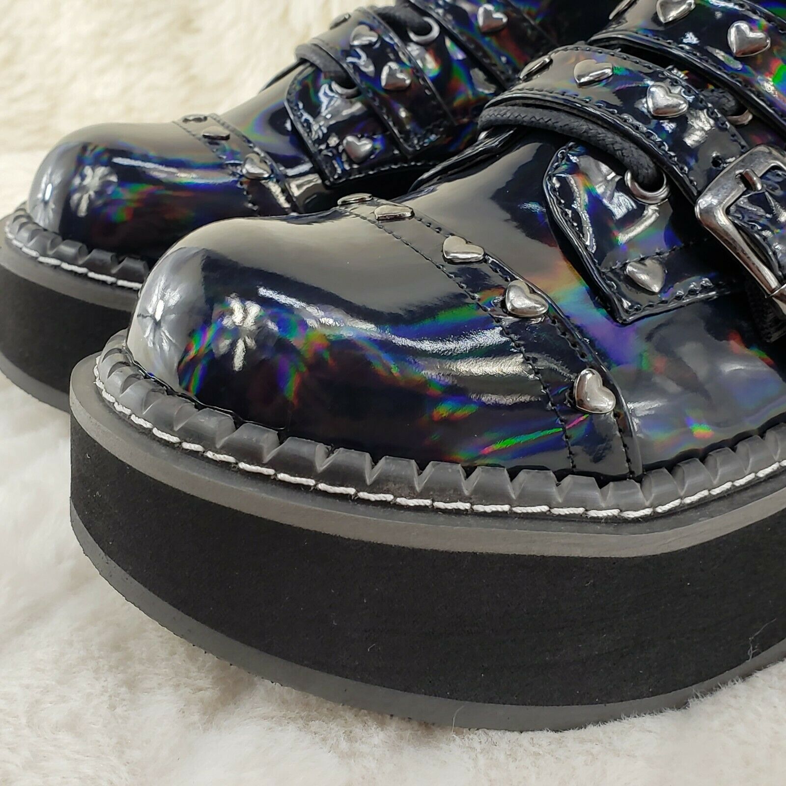 Demonia Emily 315 Black Holo Patent Heart Stud 2" Platform Ankle Boot Shoes NY - Totally Wicked Footwear