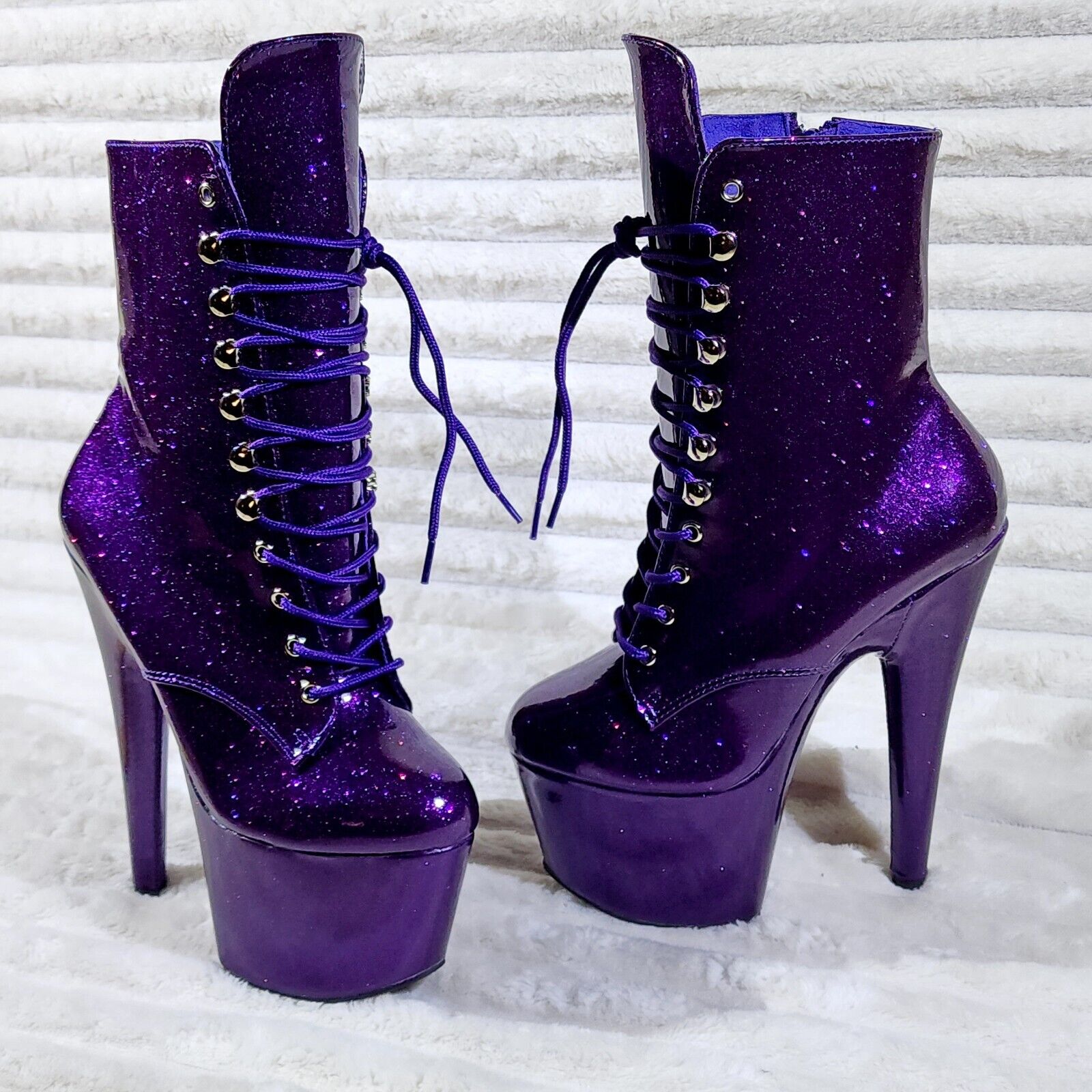 Adore 1020 Royal Purple Glitter Patent  7" High Heel Platform Ankle Boots NY - Totally Wicked Footwear