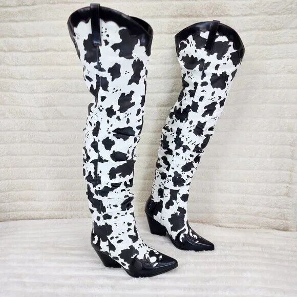 Western White & Black Cow Print OTK Thigh High Slouch Cowboy Boots - Totally Wicked Footwear