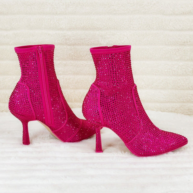 Stunning Fuchsia Hot Pink Stretch Rhinestone Ankle Boots 3.5" Heels - Totally Wicked Footwear