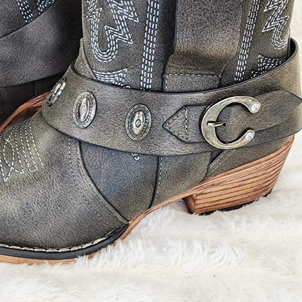 Wild West Black Distressed Western Cowgirl Pull On Ankle Boots - Totally Wicked Footwear