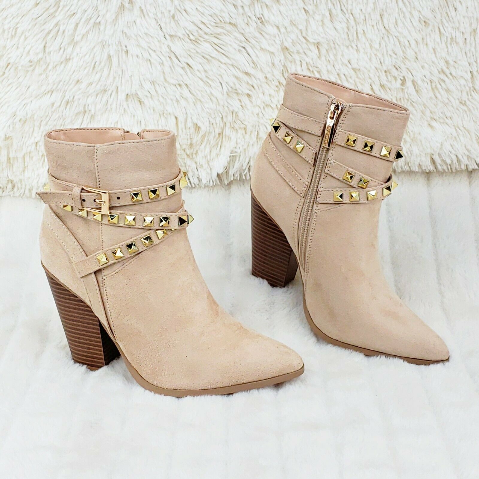 Classic Western Designer Cowboy Style Studded Strap Ankle Boots Nude 6-11 - Totally Wicked Footwear