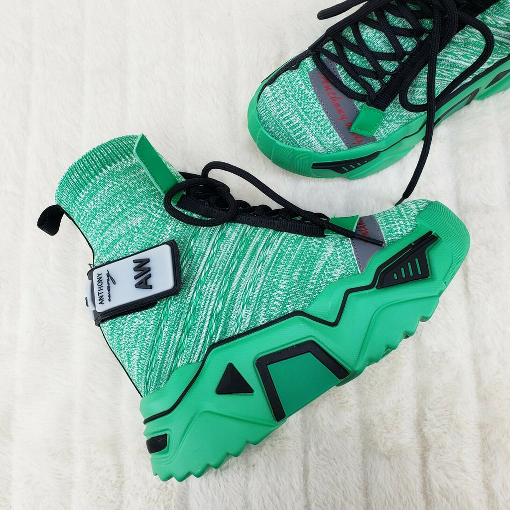 Wang Damson Pull On Knit Platform Sneaker Boots 4" Hidden Wedge Green Knit - Totally Wicked Footwear