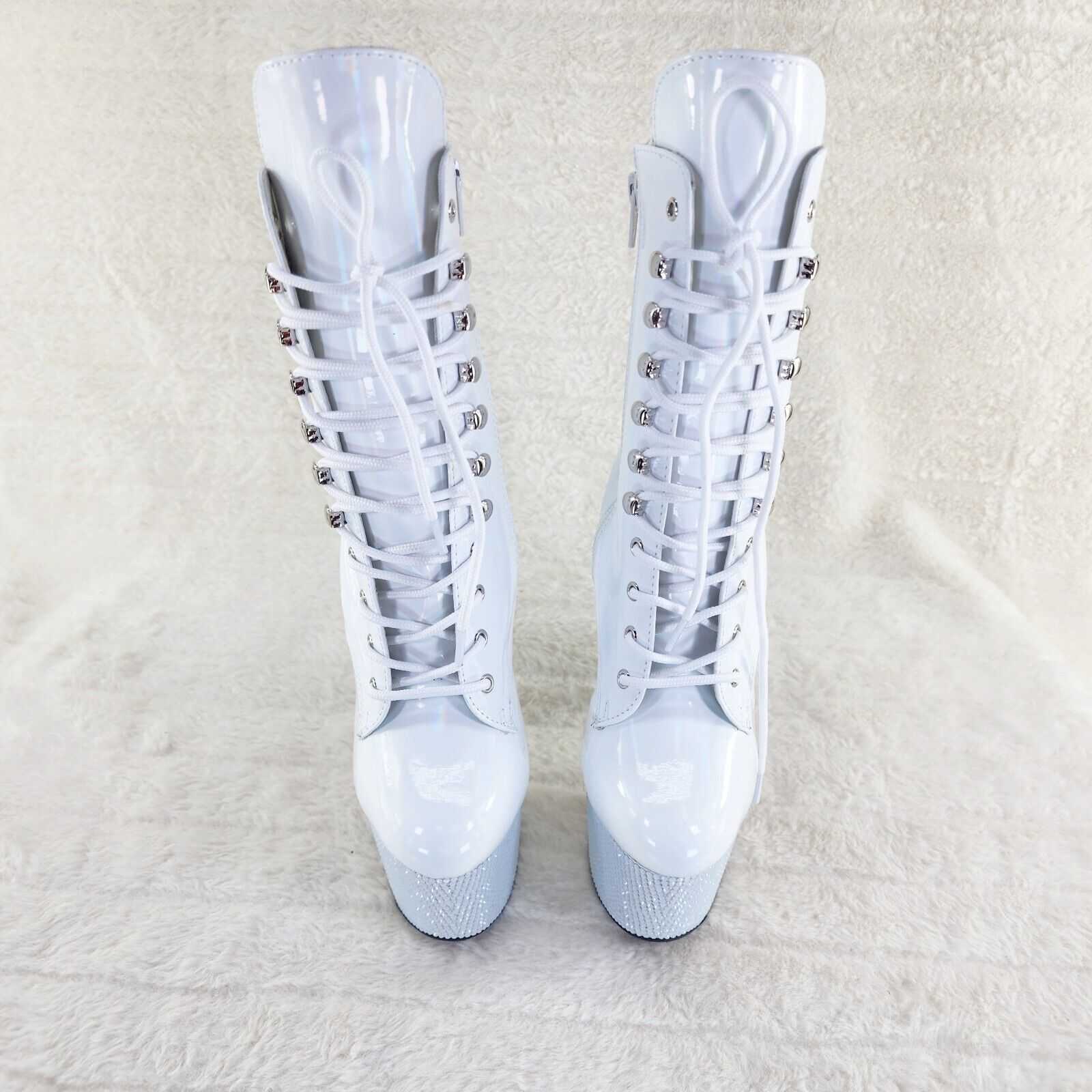 Bejeweled White Rhinestone Platform Lace Up Ankle Boots 7" High Heels IN HOUSE - Totally Wicked Footwear