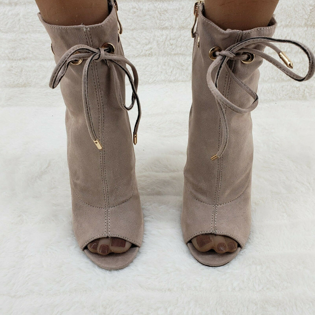 Moody Taupe Drawstring Open Toe High Heel Ankle Boots Glister - Totally Wicked Footwear