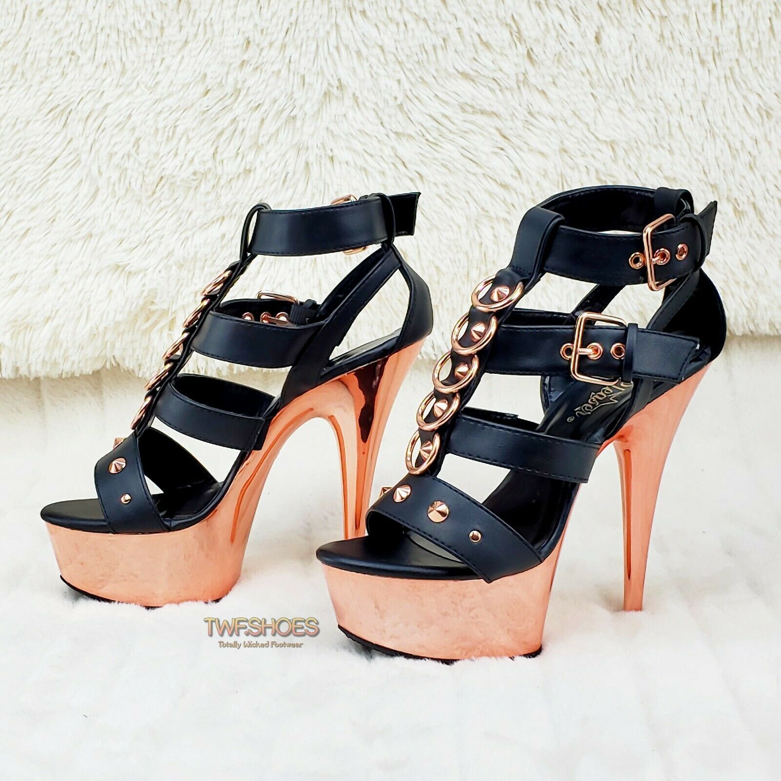 Delight 658 Black Rose Gold Cage Strap 6" High Heel Shoe Bull Ring US Sizes NY - Totally Wicked Footwear