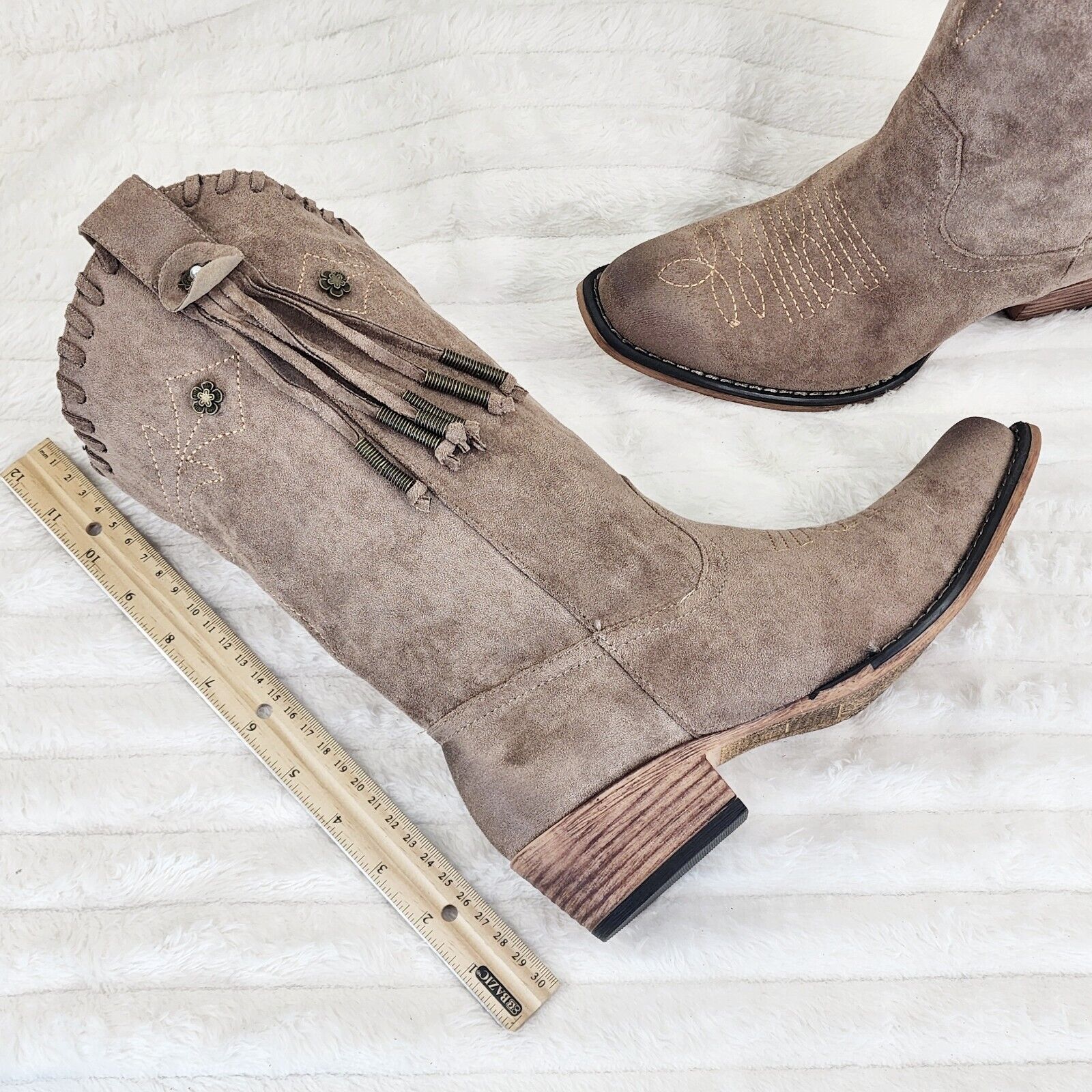 Prairie Girl Taupe Distressed Tassel Cowboy Cowgirl Pull On Mid Calf Boots - Totally Wicked Footwear